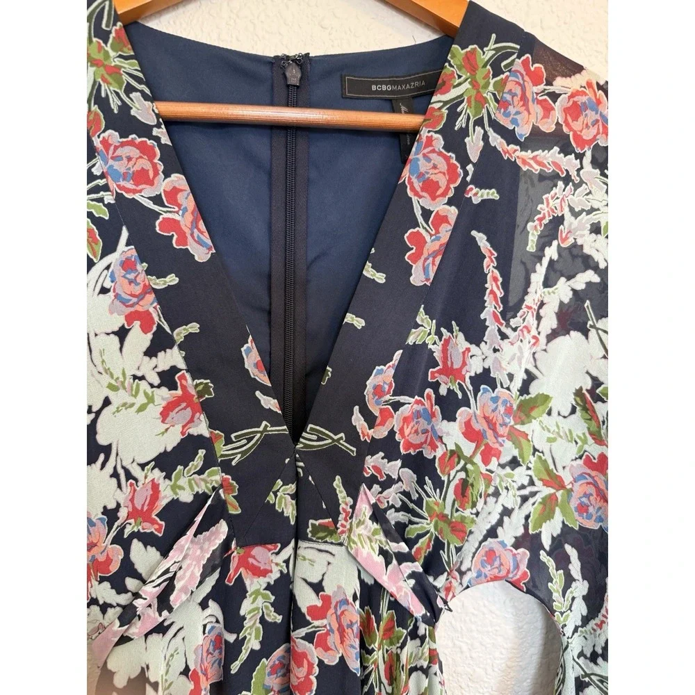 BCBGMAXAZRIA Navy Floral Silk Maxi Dress XXS Spring Wedding Guest Graduation